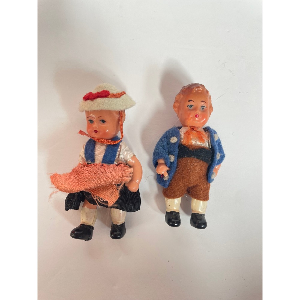 Vintage German Bavarian Miniature Dolls Pair Celluloid Plastic Folk Art‎